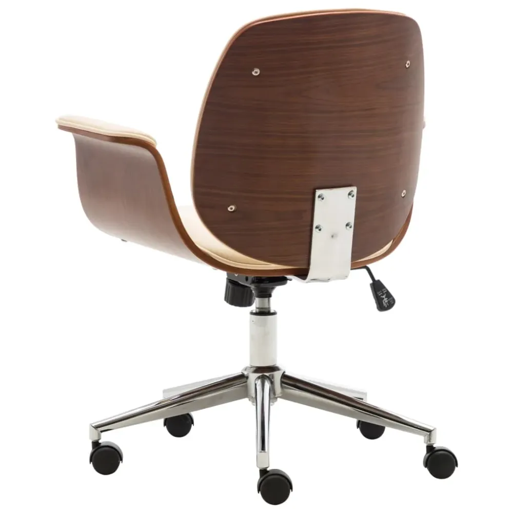 Chaise fauteuil siège de bureau informatique étude bois courbé et similicuir crème 02_0023998