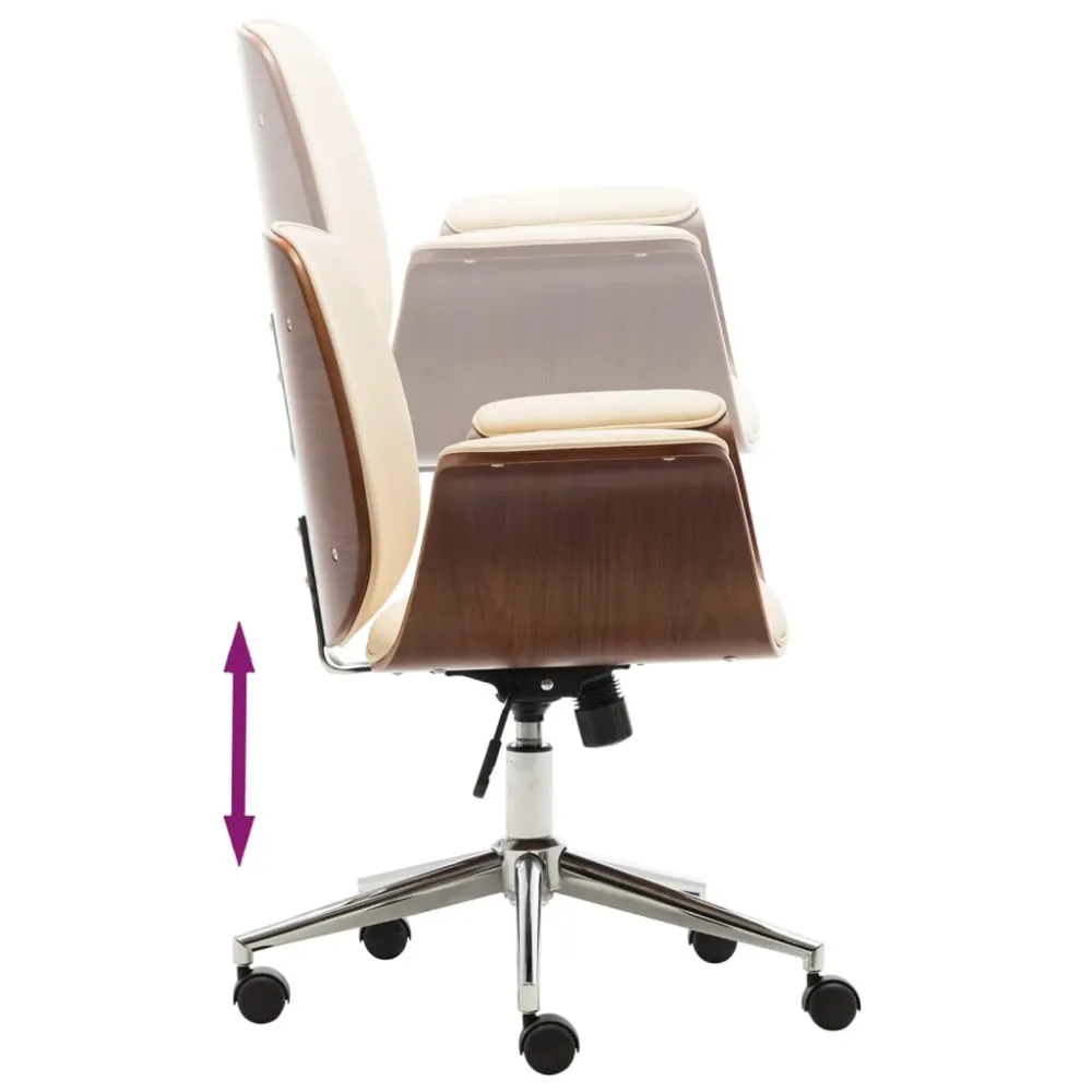 Chaise fauteuil siège de bureau informatique étude bois courbé et similicuir crème 02_0023998