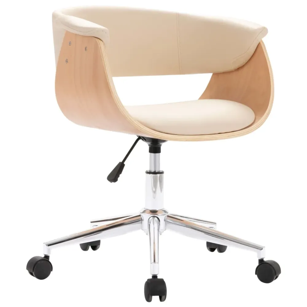 Chaise fauteuil siège pivotante de bureau informatique étude bois courbé et similicuir crème 02_0024094