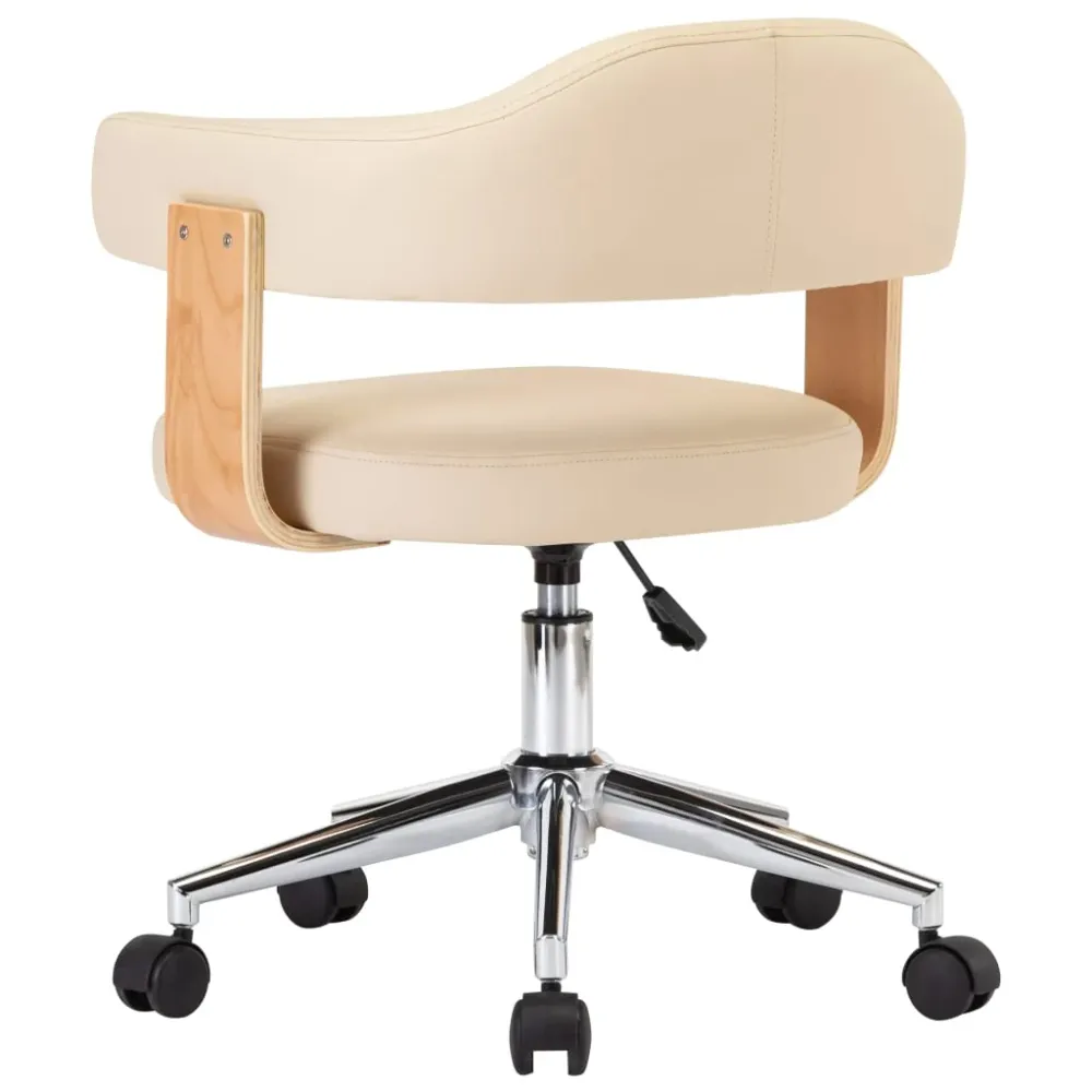 Chaise fauteuil siège pivotante de bureau informatique étude bois courbé et similicuir crème 02_0024096