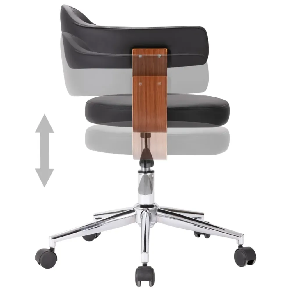 Chaise fauteuil siège pivotante de bureau informatique étude bois courbé et similicuir noir 02_0024150