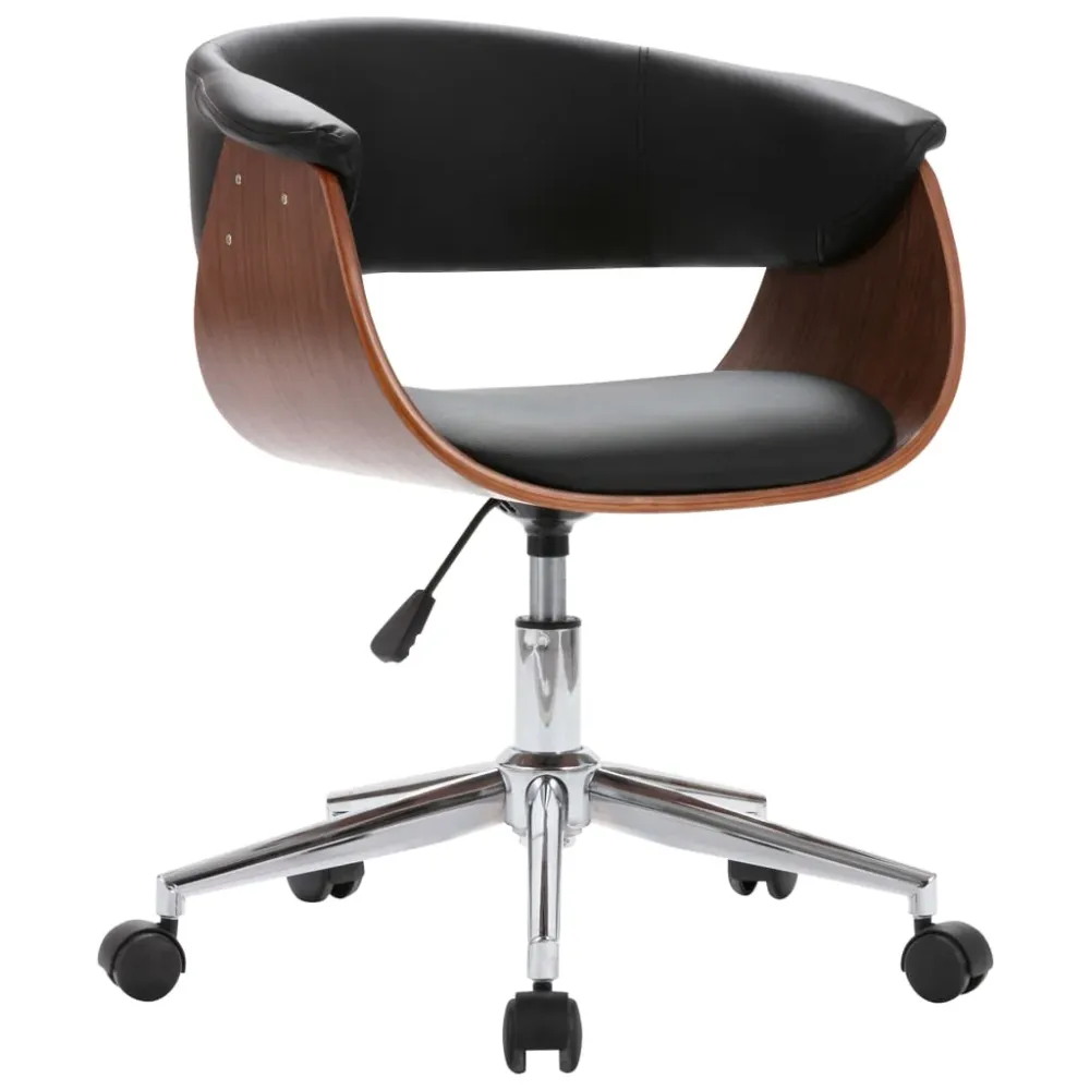 Chaise fauteuil siège pivotante de bureau informatique étude bois courbé et similicuir noir 02_0024155