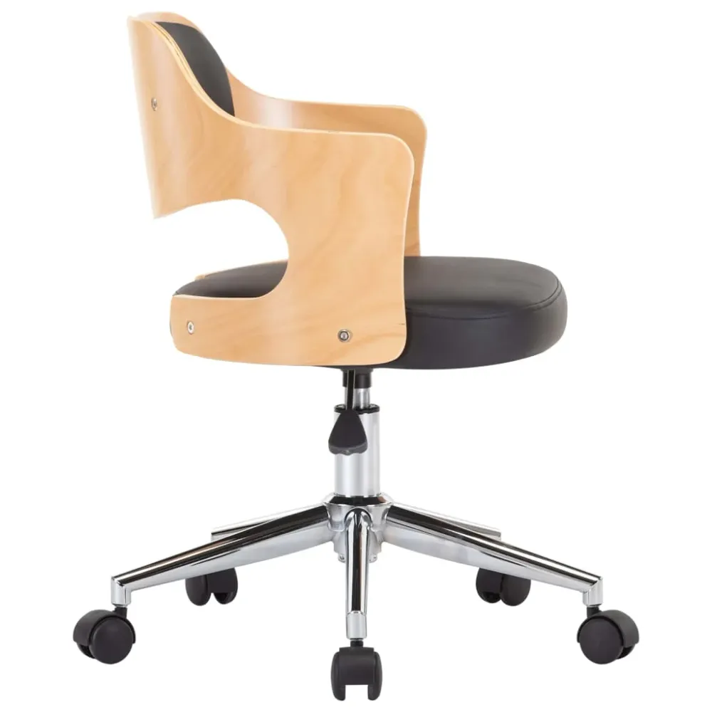 Chaise fauteuil siège pivotante de bureau informatique étude bois courbé et similicuir noir 02_0024153