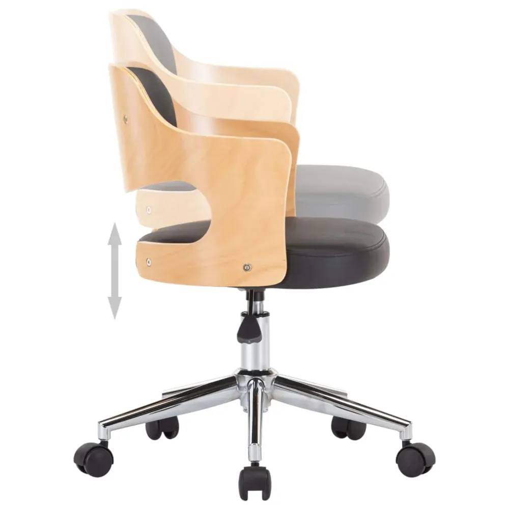 Chaise fauteuil siège pivotante de bureau informatique étude bois courbé et similicuir noir 02_0024153