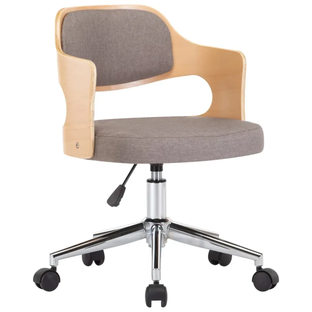 Chaise fauteuil siège pivotante de bureau informatique étude bois courbé et tissu taupe 02_0024178