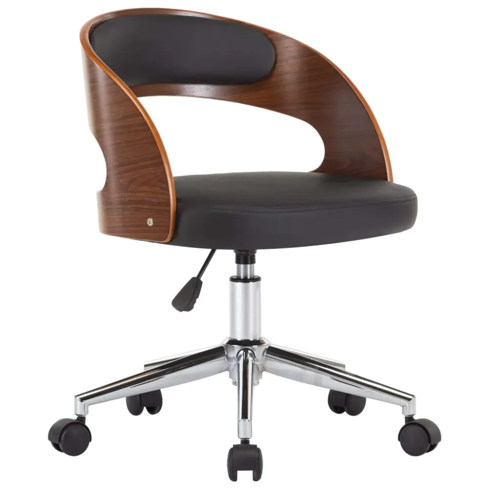 Chaise fauteuil siège pivotante de bureau informatique étude bois courbé et similicuir noir 02_0024151