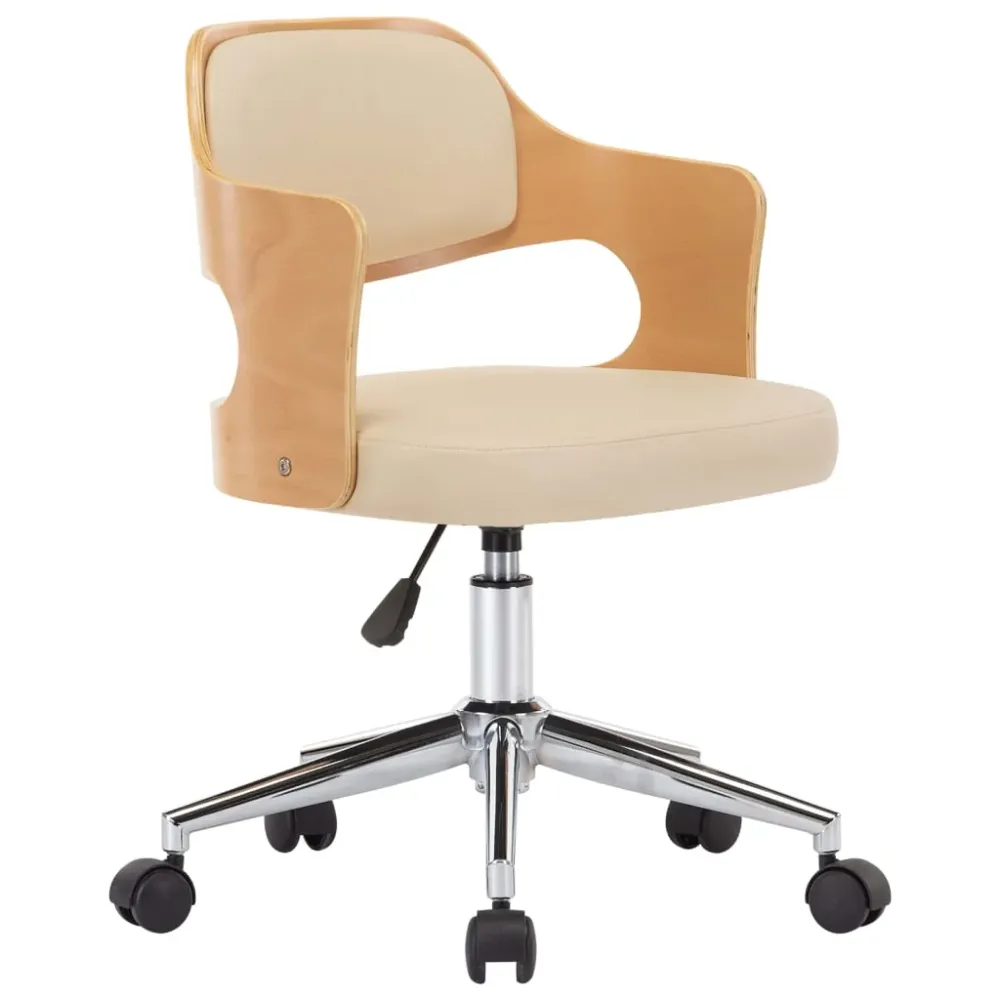 Chaise fauteuil siège pivotante de bureau informatique étude bois courbé et similicuir crème 02_0024095