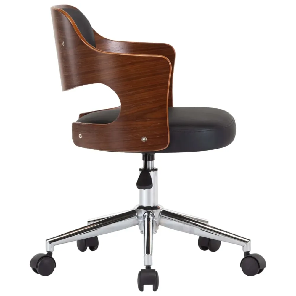 Chaise fauteuil siège pivotante de bureau informatique étude bois courbé et similicuir noir 02_0024149