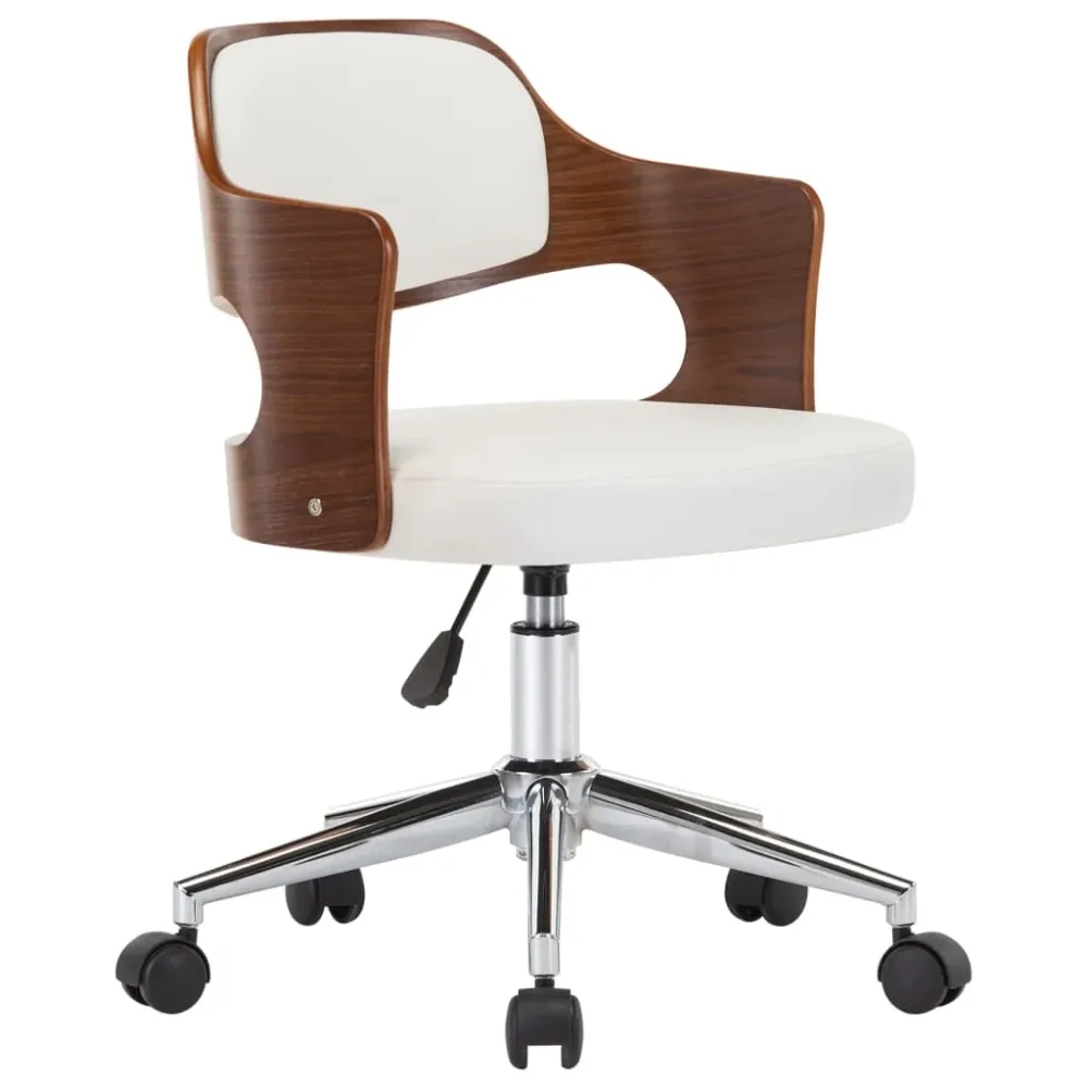 Chaise fauteuil siège pivotante de bureau informatique étude bois courbé et similicuir blanc 02_0024082