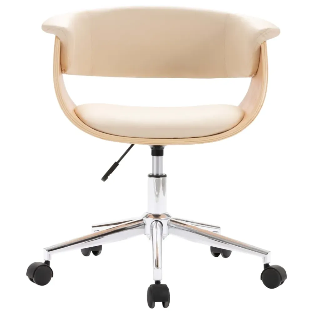 Chaise fauteuil siège pivotante de bureau informatique étude bois courbé et similicuir crème 02_0024094