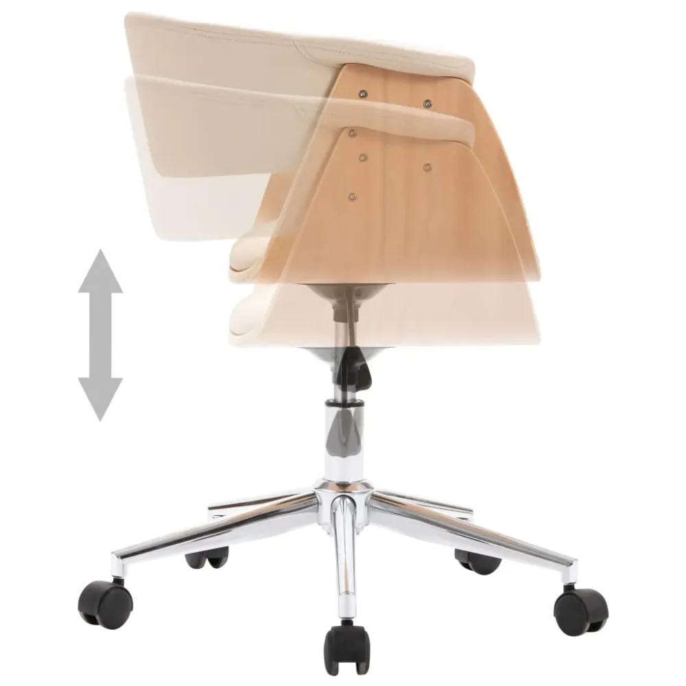 Chaise fauteuil siège pivotante de bureau informatique étude bois courbé et similicuir crème 02_0024094