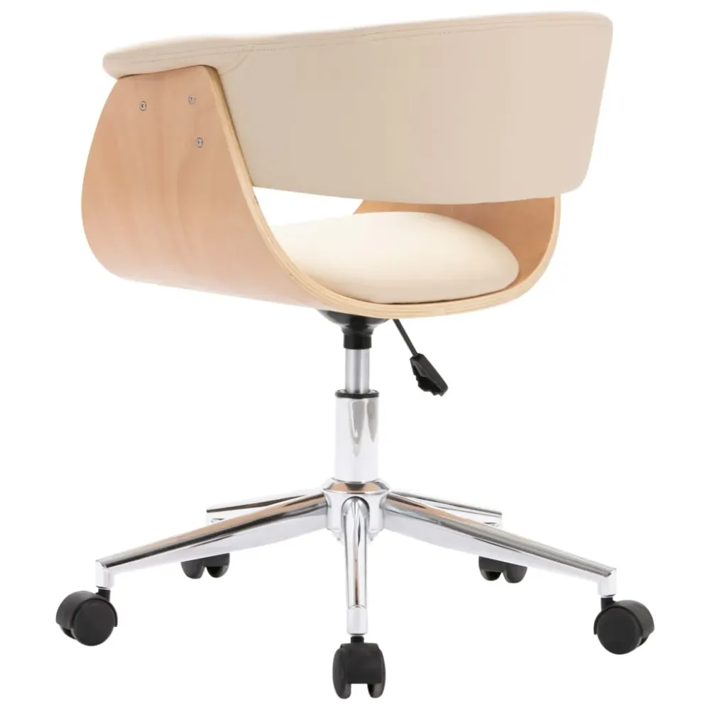 Chaise fauteuil siège pivotante de bureau informatique étude bois courbé et similicuir crème 02_0024094