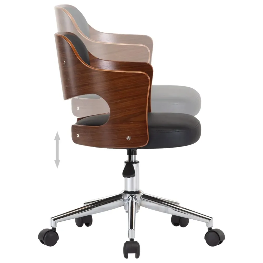 Chaise fauteuil siège pivotante de bureau informatique étude bois courbé et similicuir noir 02_0024149