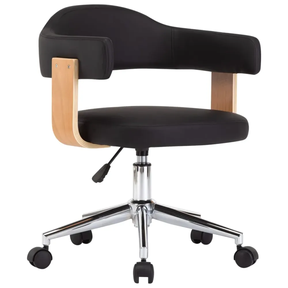 Chaise fauteuil siège pivotante de bureau informatique étude bois courbé et similicuir noir 02_0024152