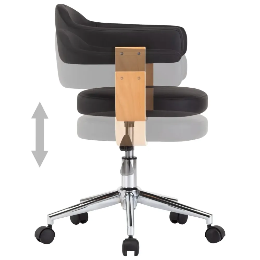 Chaise fauteuil siège pivotante de bureau informatique étude bois courbé et similicuir noir 02_0024152