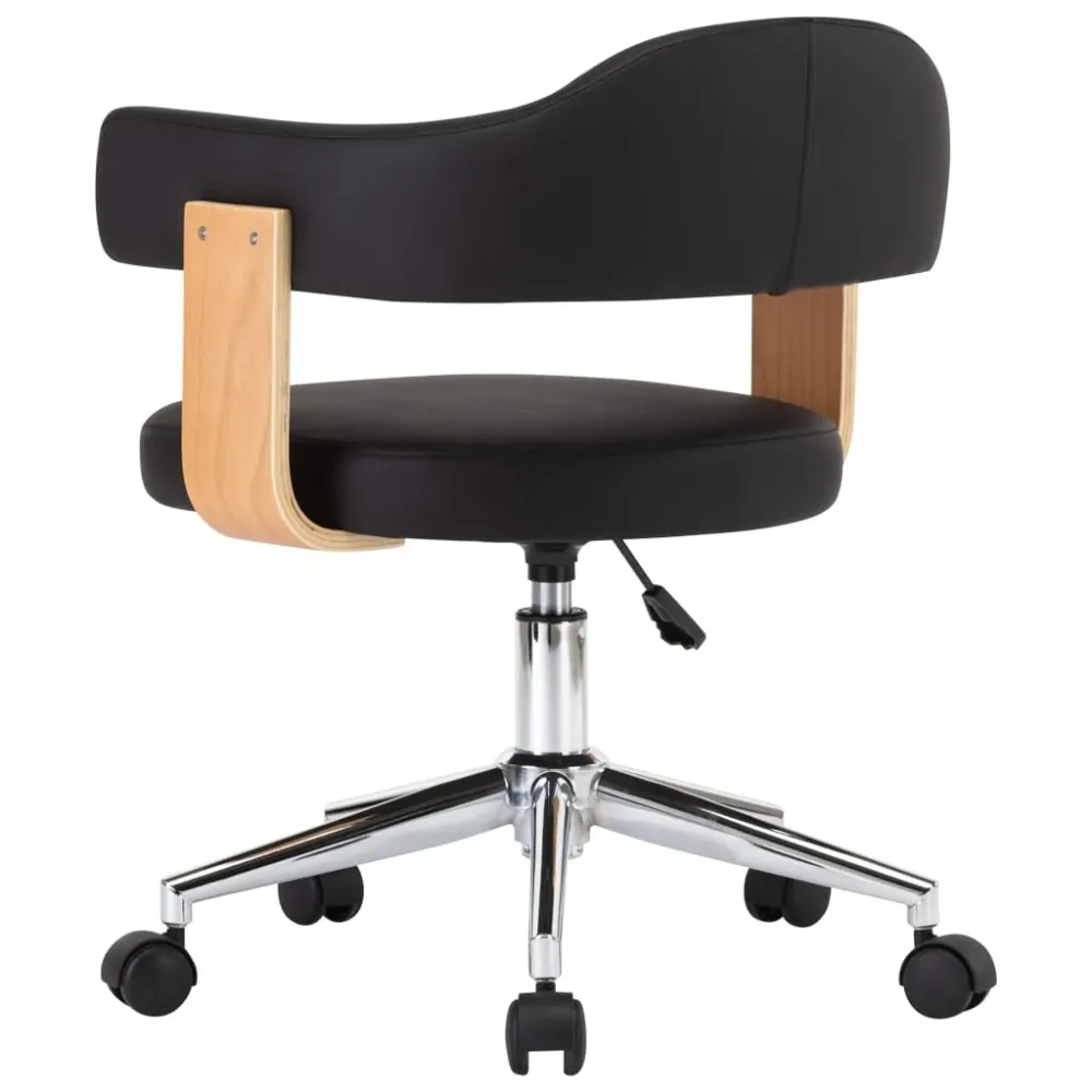 Chaise fauteuil siège pivotante de bureau informatique étude bois courbé et similicuir noir 02_0024152