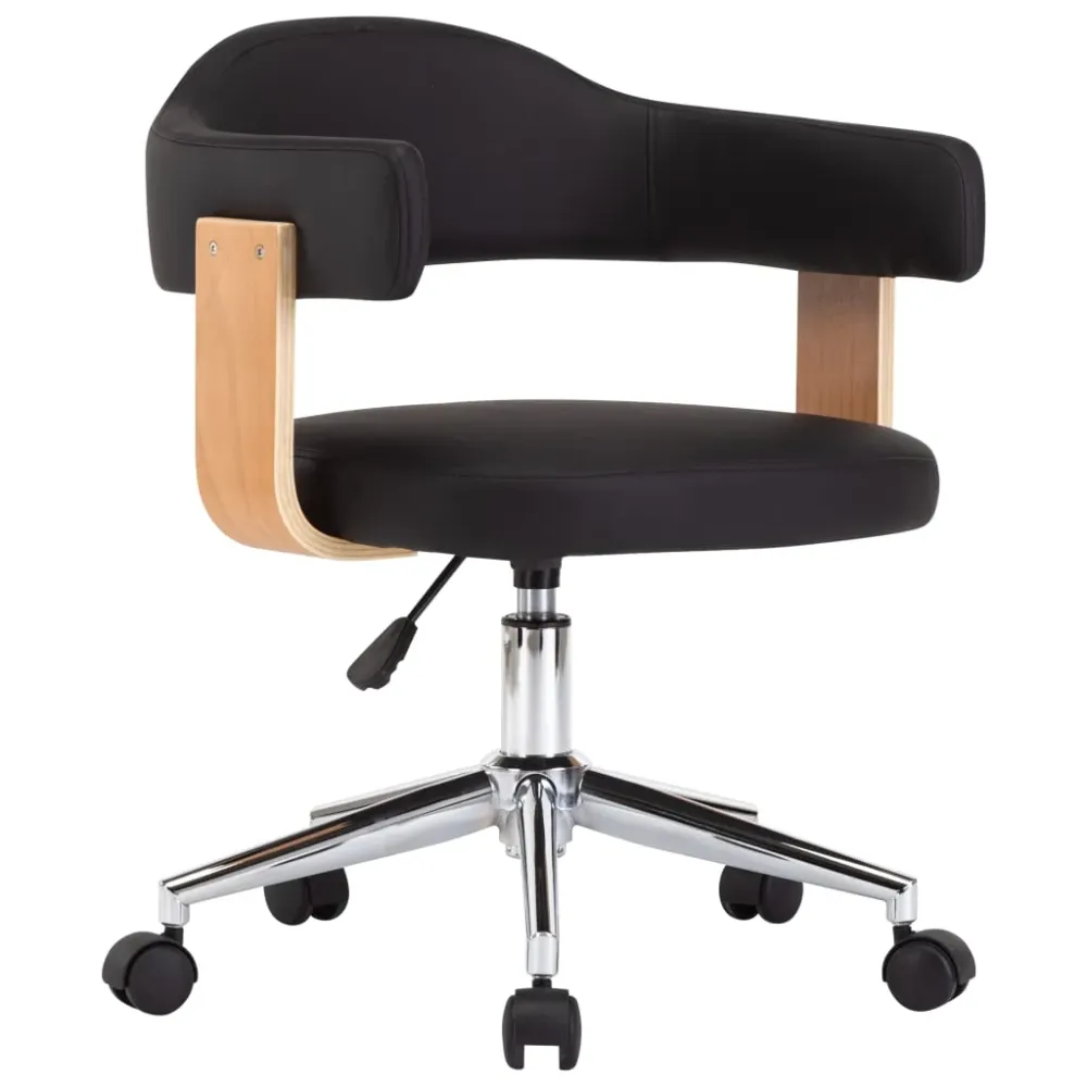 Chaise fauteuil siège pivotante de bureau informatique étude bois courbé et similicuir noir 02_0024152