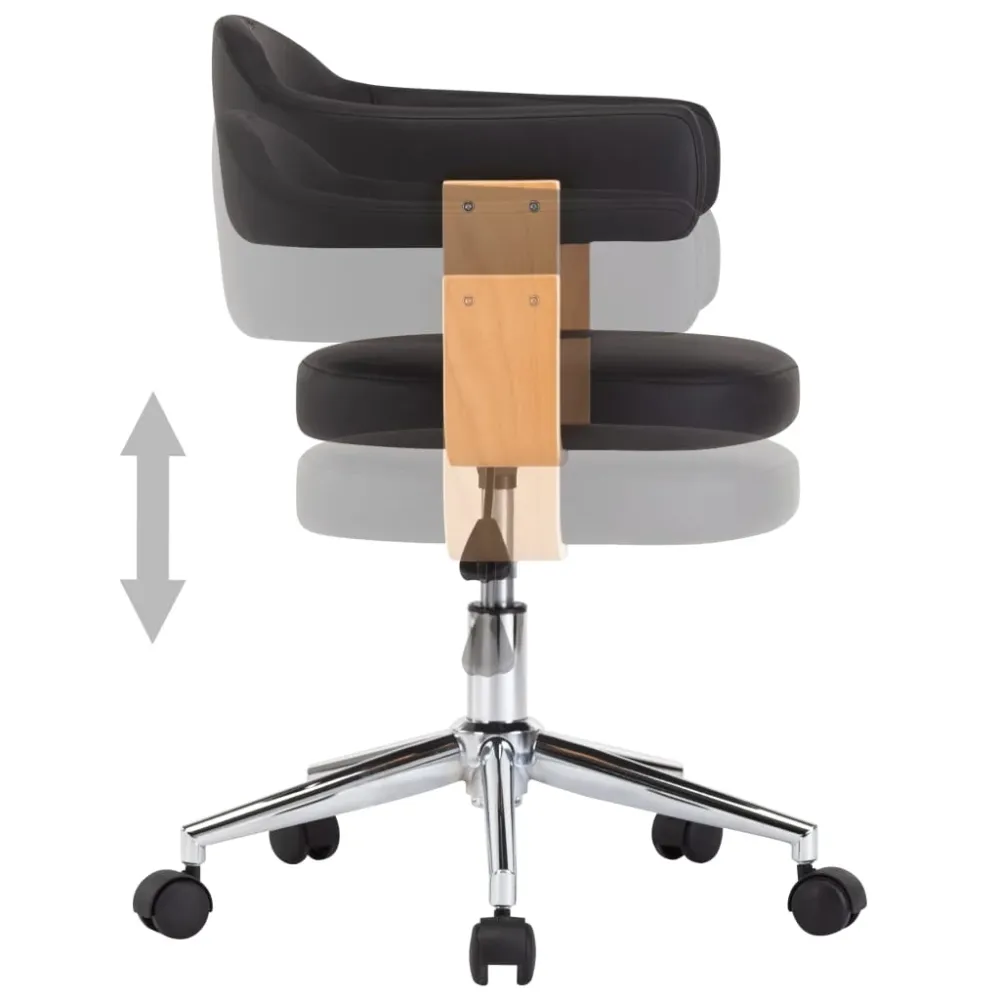 Chaise fauteuil siège pivotante de bureau informatique étude bois courbé et similicuir noir 02_0024152