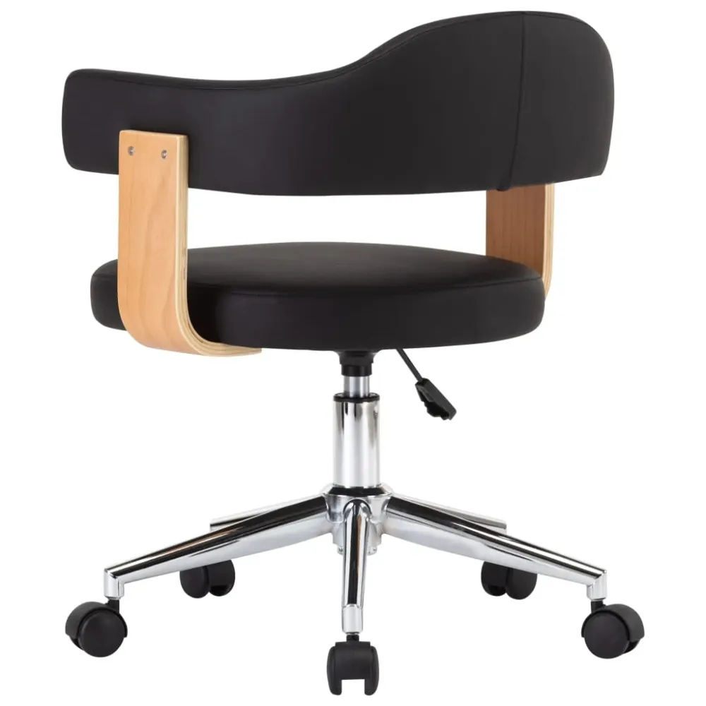 Chaise fauteuil siège pivotante de bureau informatique étude bois courbé et similicuir noir 02_0024152