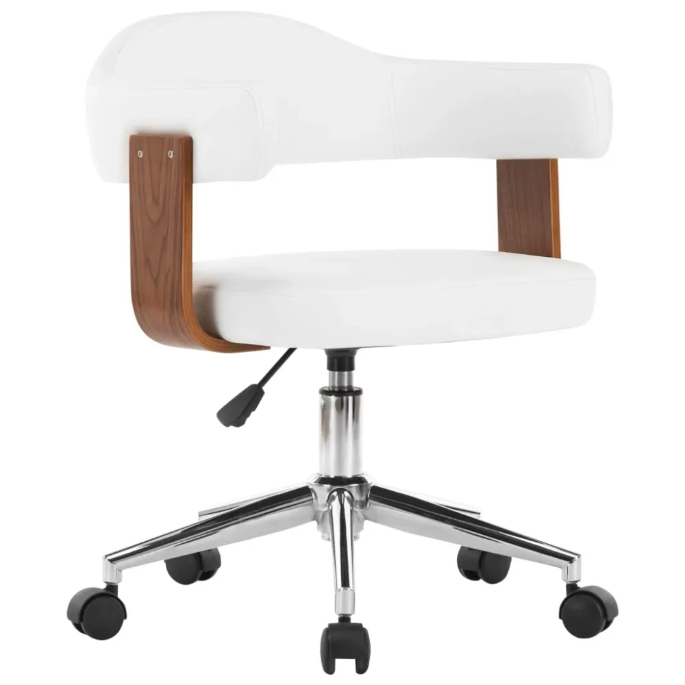 Chaise fauteuil siège pivotante de bureau informatique étude bois courbé et similicuir blanc 02_0024083