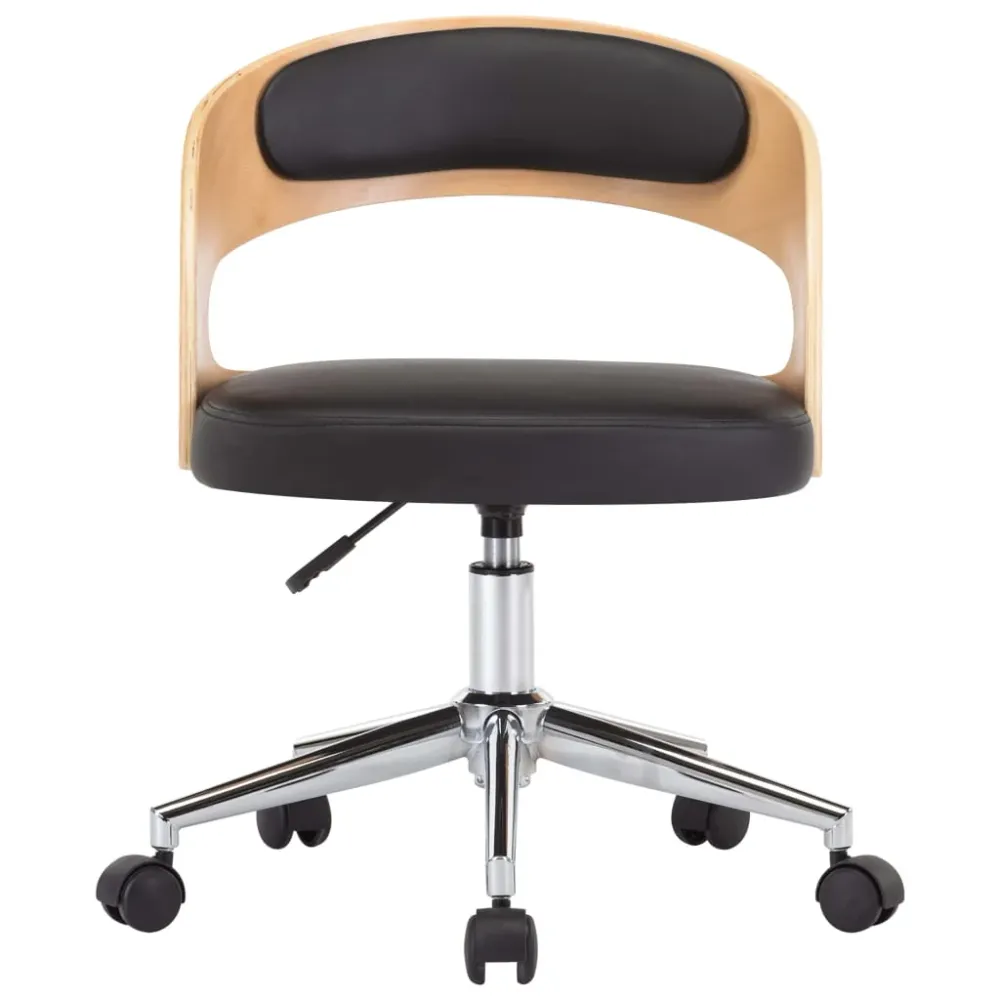 Chaise fauteuil siège pivotante de bureau informatique étude bois courbé et similicuir noir 02_0024154