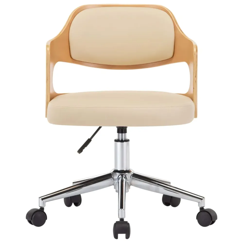 Chaise fauteuil siège pivotante de bureau informatique étude bois courbé et similicuir crème 02_0024095