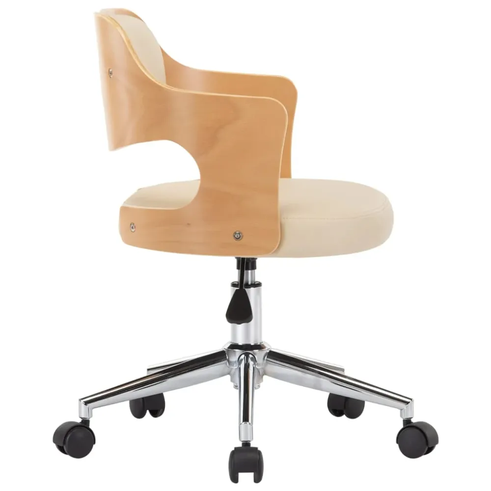 Chaise fauteuil siège pivotante de bureau informatique étude bois courbé et similicuir crème 02_0024095