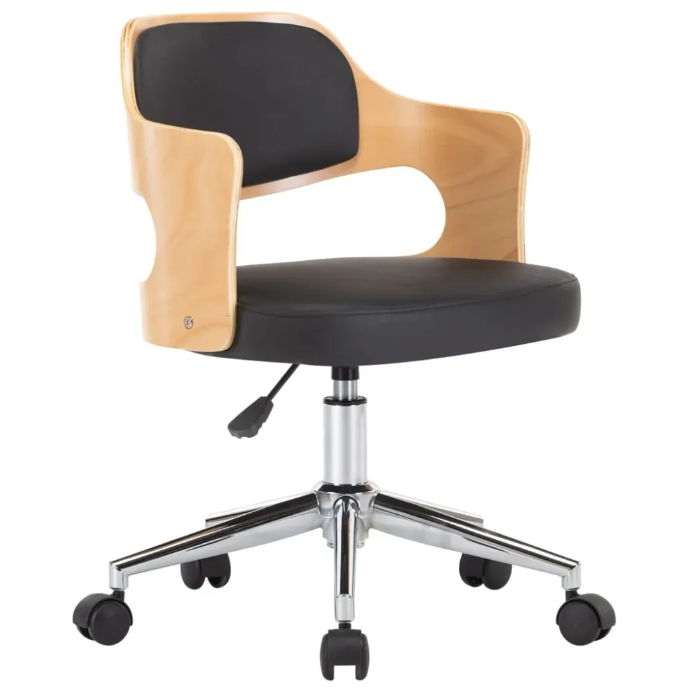 Chaise fauteuil siège pivotante de bureau informatique étude bois courbé et similicuir noir 02_0024153