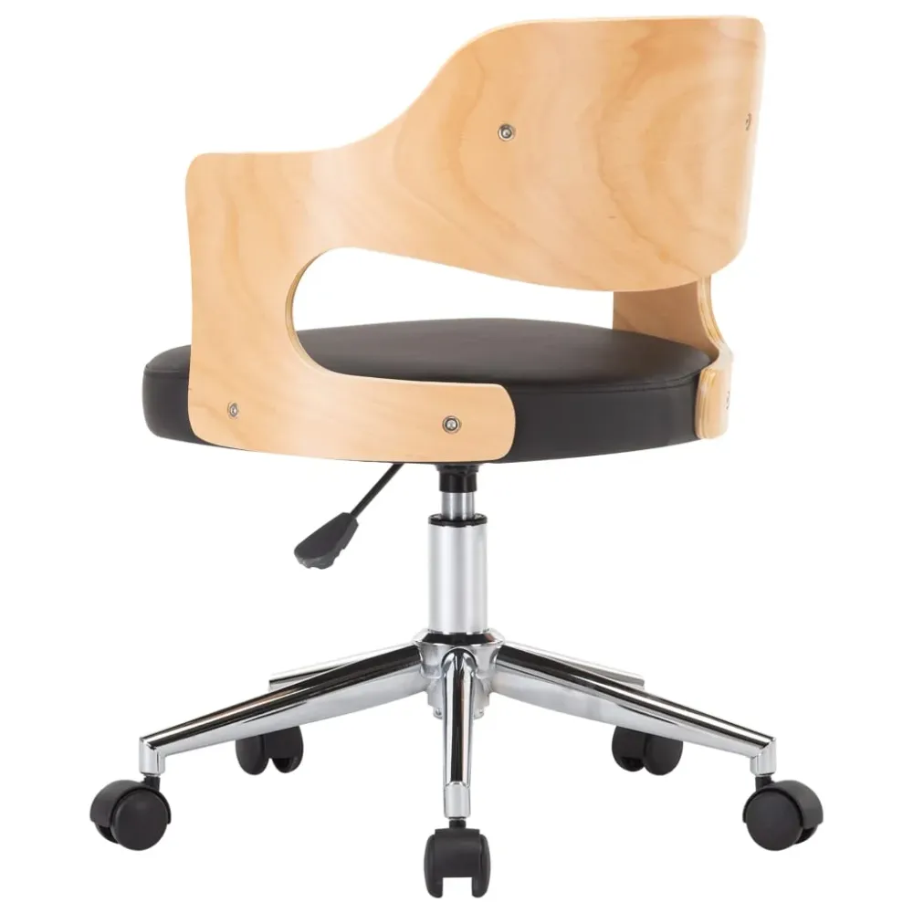 Chaise fauteuil siège pivotante de bureau informatique étude bois courbé et similicuir noir 02_0024153