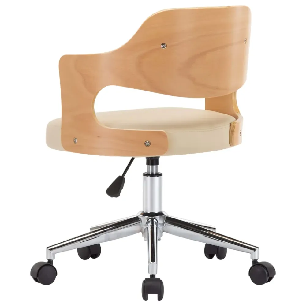 Chaise fauteuil siège pivotante de bureau informatique étude bois courbé et similicuir crème 02_0024095