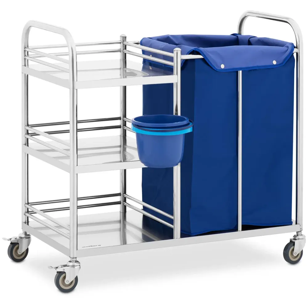 Chariot à linge professionnel 3 tablettes et sac à linge 50 kg acier inoxydable 14_0008635