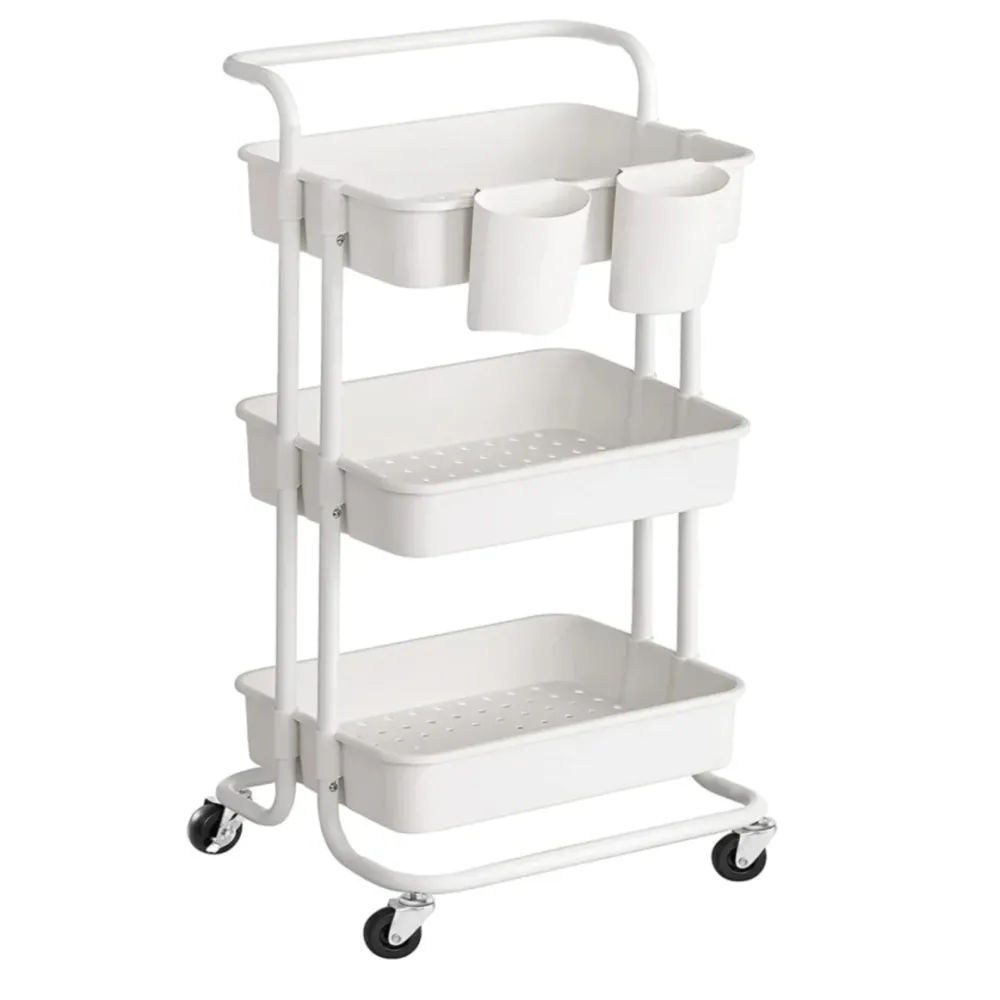 Chariot mobile à 3 niveaux desserte sur roulettes étagère de rangement avec poignée 2 pots 2 freins paniers en plastique m...