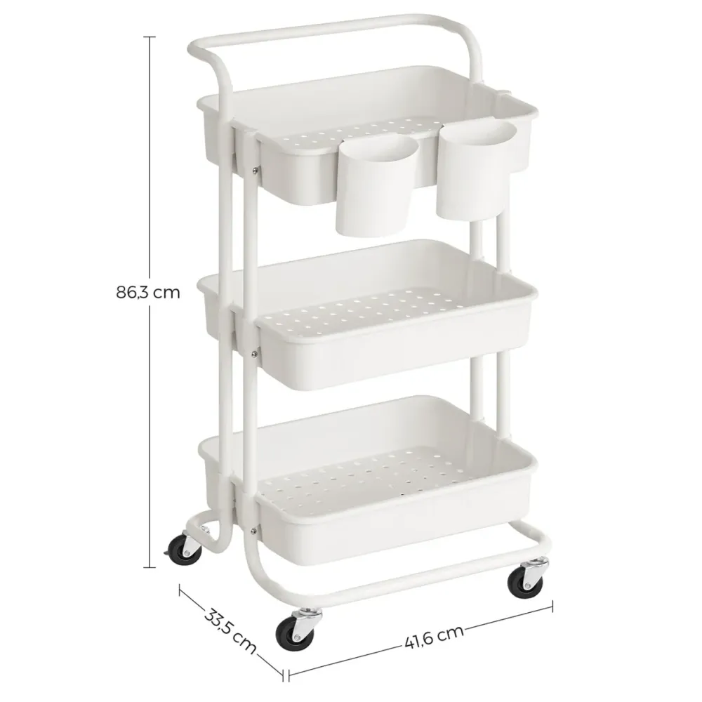 Chariot mobile à 3 niveaux desserte sur roulettes étagère de rangement avec poignée 2 pots 2 freins paniers en plastique m...