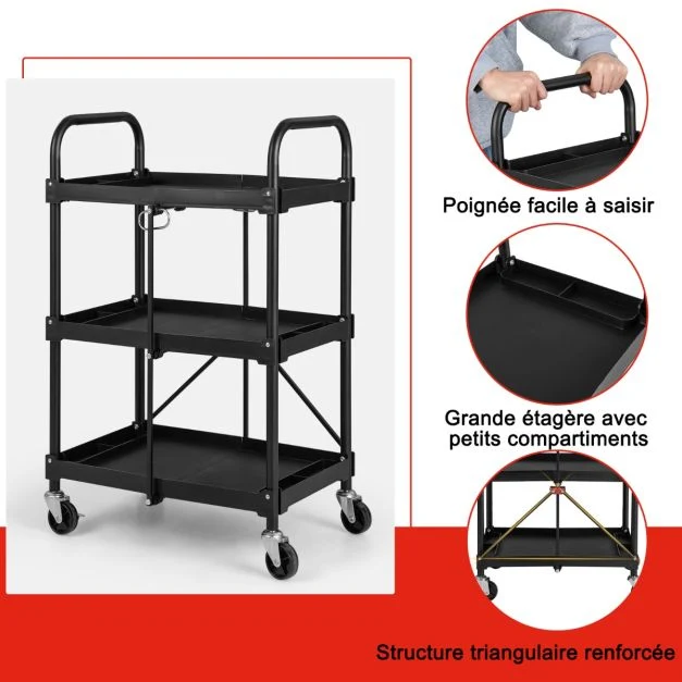 Chariot à outils pliant à 3 niveaux avec roues universelles 4 rainures et mains courantes servante d’atelier charge 45 kg...
