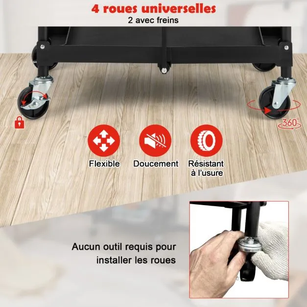 Chariot à outils pliant à 3 niveaux avec roues universelles 4 rainures et mains courantes servante d’atelier charge 45 kg...