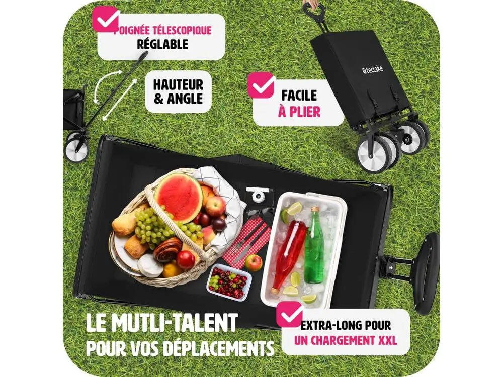 Chariot pliable capacité de charge 80kg avec freins et roues en plastique