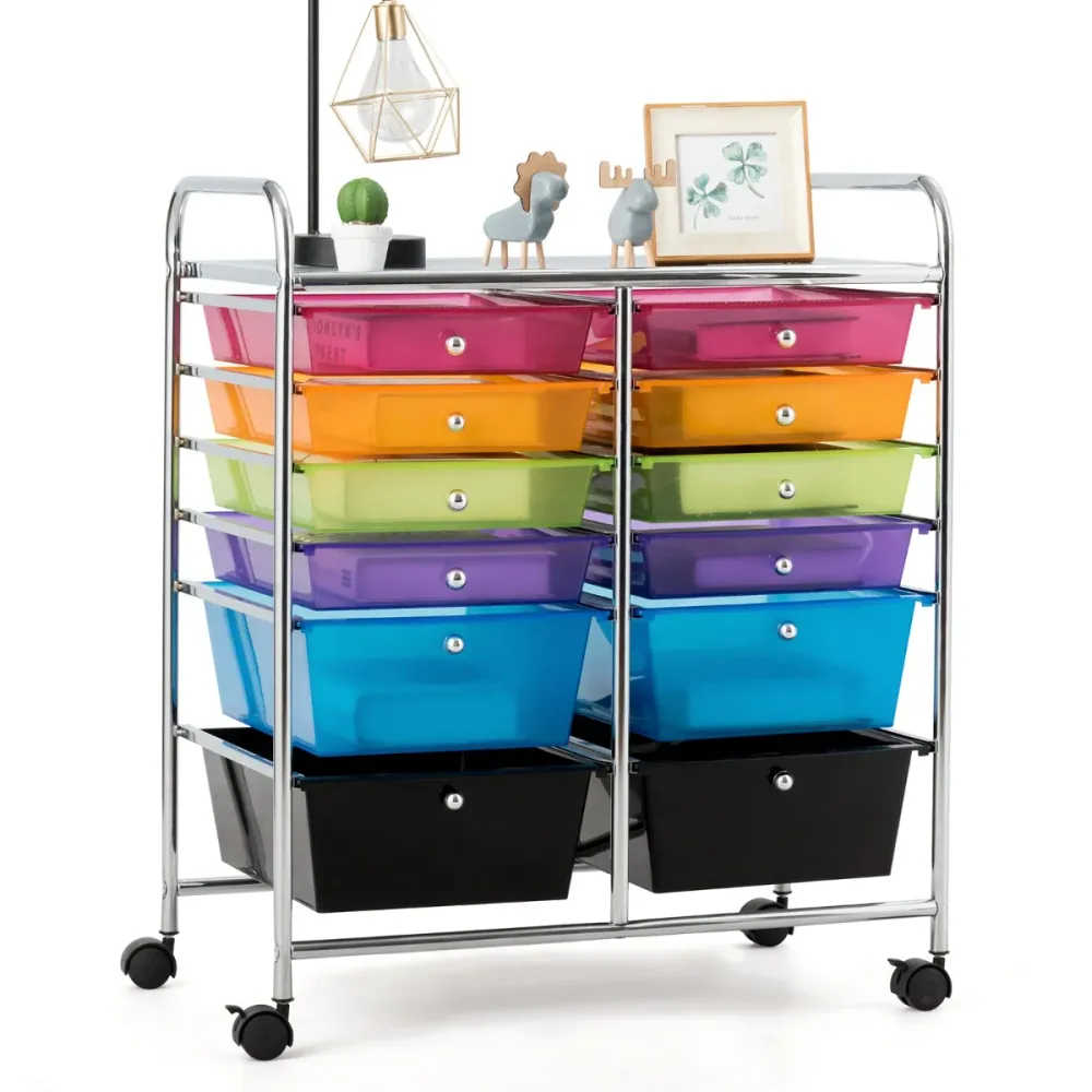 Chariot de rangement avec 12 tiroirs polyvalent 64 x 38 x 75 cm mobilité accrue ambiance colorée en métal et plastique mul...