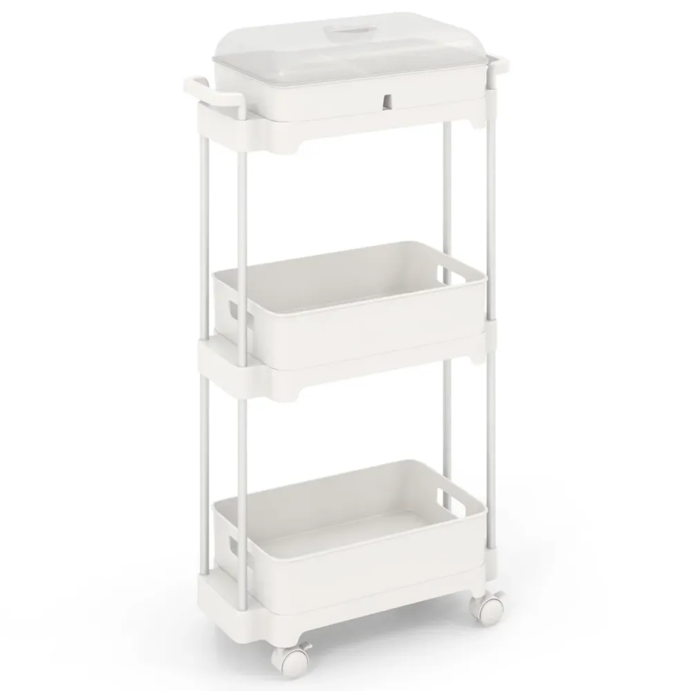 Chariot de rangement à 3 niveaux 46 x 21 x 82 cm couvercle diaphane design multifonctionnel en alliage d'aluminium blanc 2...