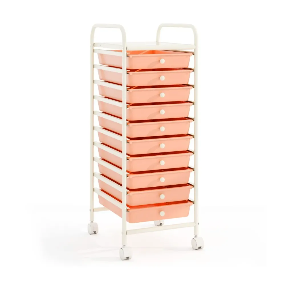 Chariot de rangement roulant 33 x 37 x 86 cm pratique avec roulettes ambiance novateur en fer et plastique blanc et rose 2...