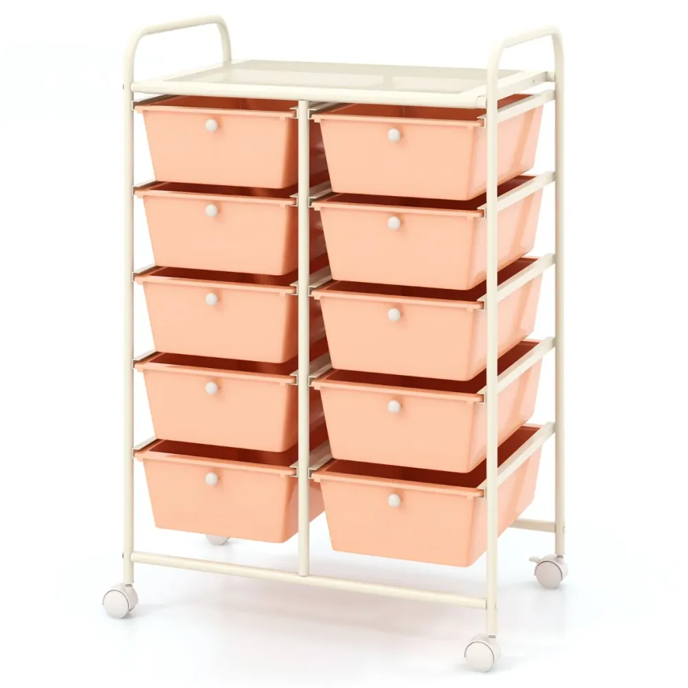 Chariot de rangement à roulettes 65,5 x 37 x 87 cm avec 10 tiroirs amovibles polyvalent récent en métal blanc 20_0011375