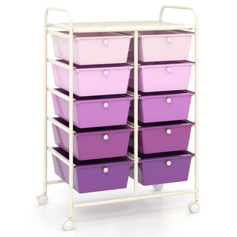 Chariot de rangement à roulettes 65,5 x 37 x 87 cm avec 10 tiroirs amovibles et roues verrouillables en métal violet 20_00...