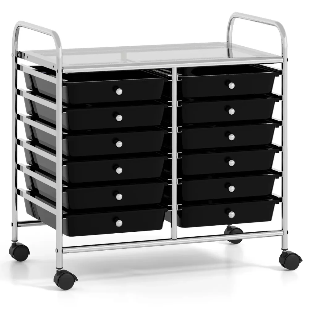 Chariot de rangement à roulettes 64 x 38 x 62 cm avec 12 tiroirs amovibles ambiance contemporain en métal argent et PP noi...