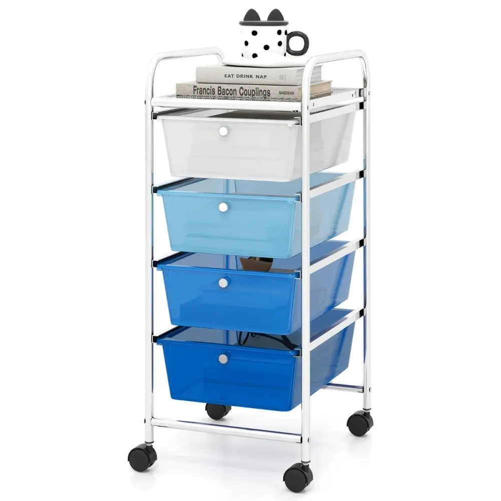 Chariot de rangement à roulettes 37 x 32 x 76 cm 4 tiroirs amovibles design récent en métal argent bleu 20_0011373