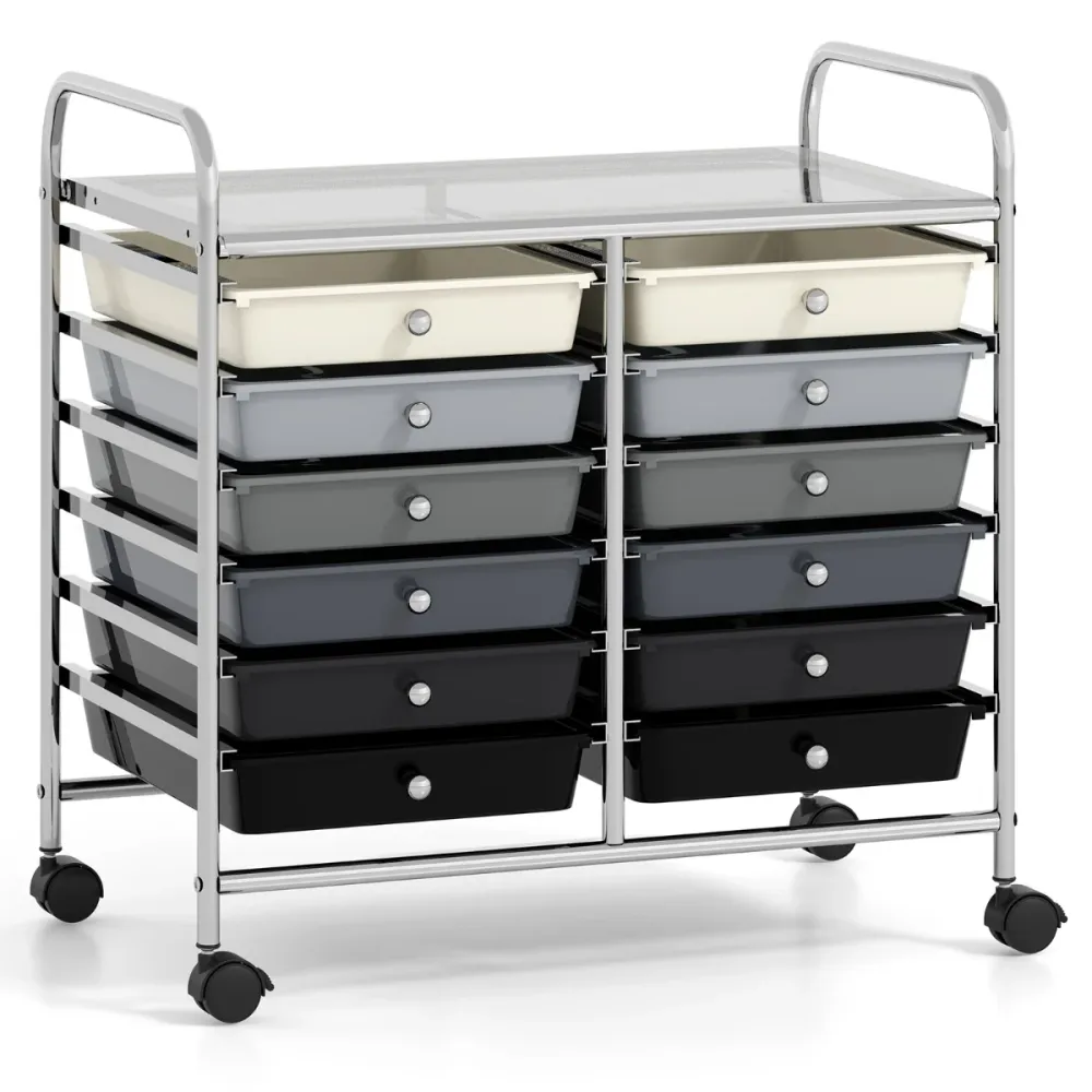 Chariot de rangement à roulettes 64 x 38 x 62 cm 12 tiroirs amovibles réduit et pratique en métal gris 20_0011365