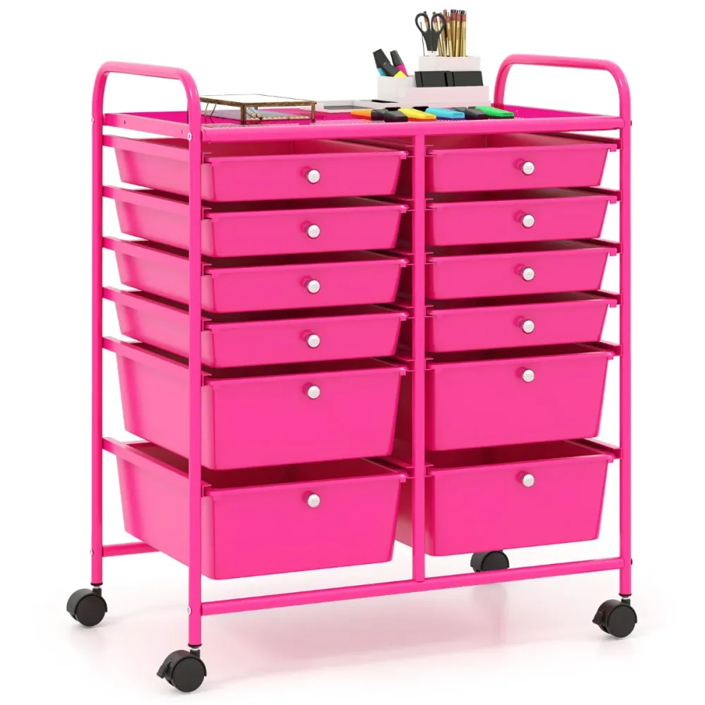 Chariot de rangement à roulettes 64 x 38 x 75 cm 12 tiroirs polyvalent design en métal rose 20_0011370
