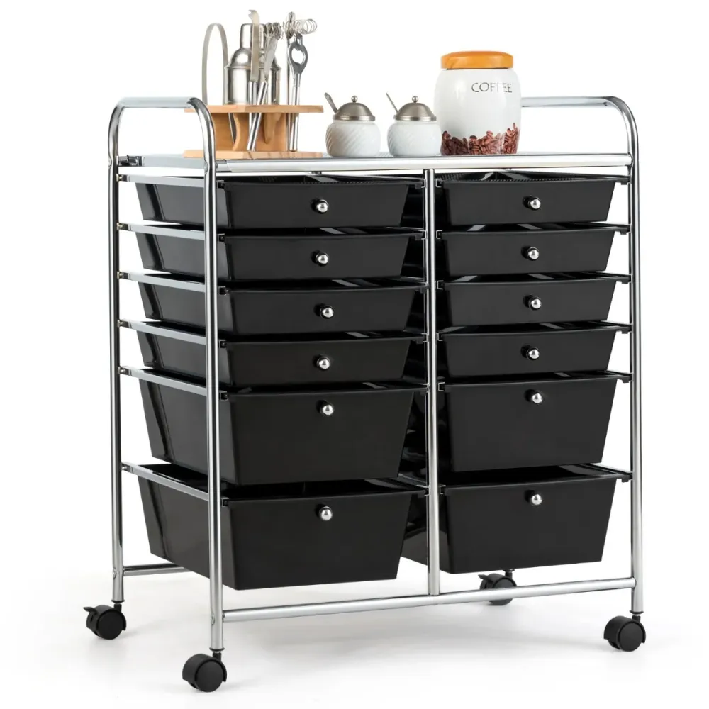 Chariot de rangement à roulettes 64 x 38 x 75 cm 12 tiroirs pratiques pour bureau maison en métal acier chromé noir 20_001...
