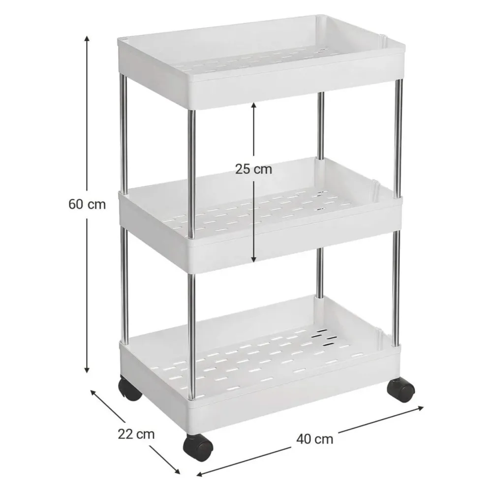 Chariot de rangement sur roulettes étagère mobile 3 niveaux gain de place pour salle de bain cuisine bureau 40 x 22 x 60 c...