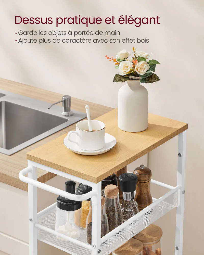 Desserte chariot de service étagère de rangement mobile fine roulettes pivotantes à 360° cadre en métal pour cuisine salon...