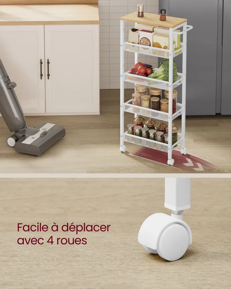 Desserte chariot de service étagère de rangement mobile fine roulettes pivotantes à 360° cadre en métal pour cuisine salon...