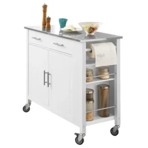 Desserte Roulante Chariot De Cuisine Avec Etagère Latérale, Portes Et Tiroirs, Fkw108-w